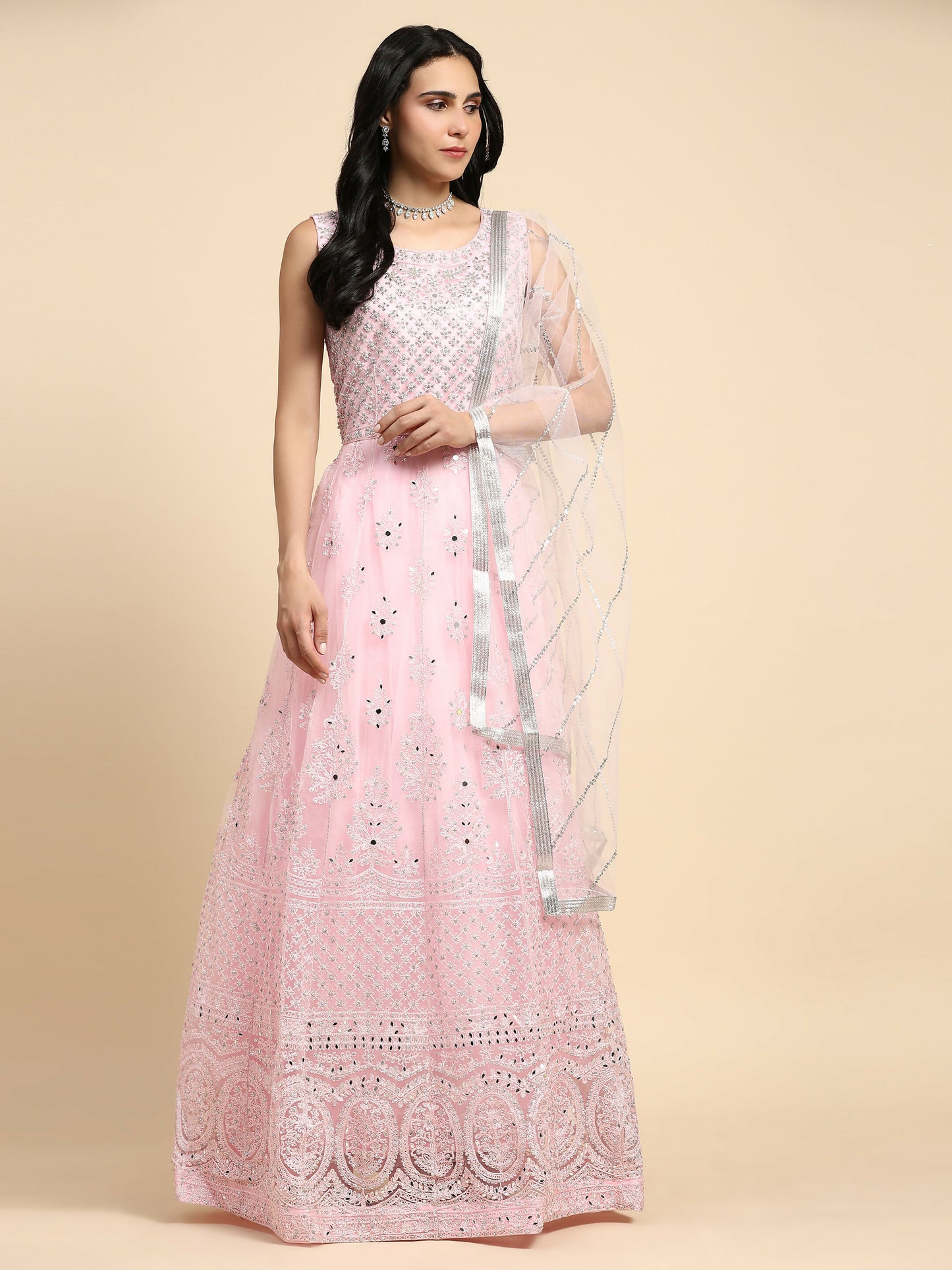 Pink Net Hand Embroidered Gown - Rudrani - Distacart