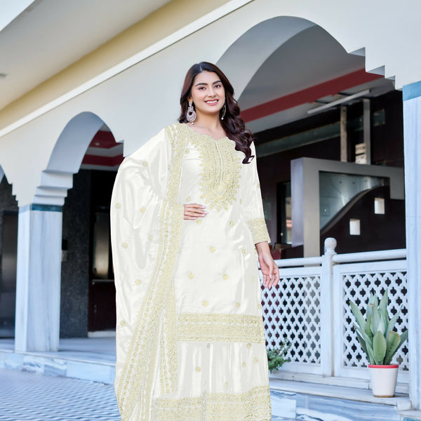 Teeya Creation White Color Chinon Silk Heavy Embroidery Work Wedding Wear Sharara - Distacart
