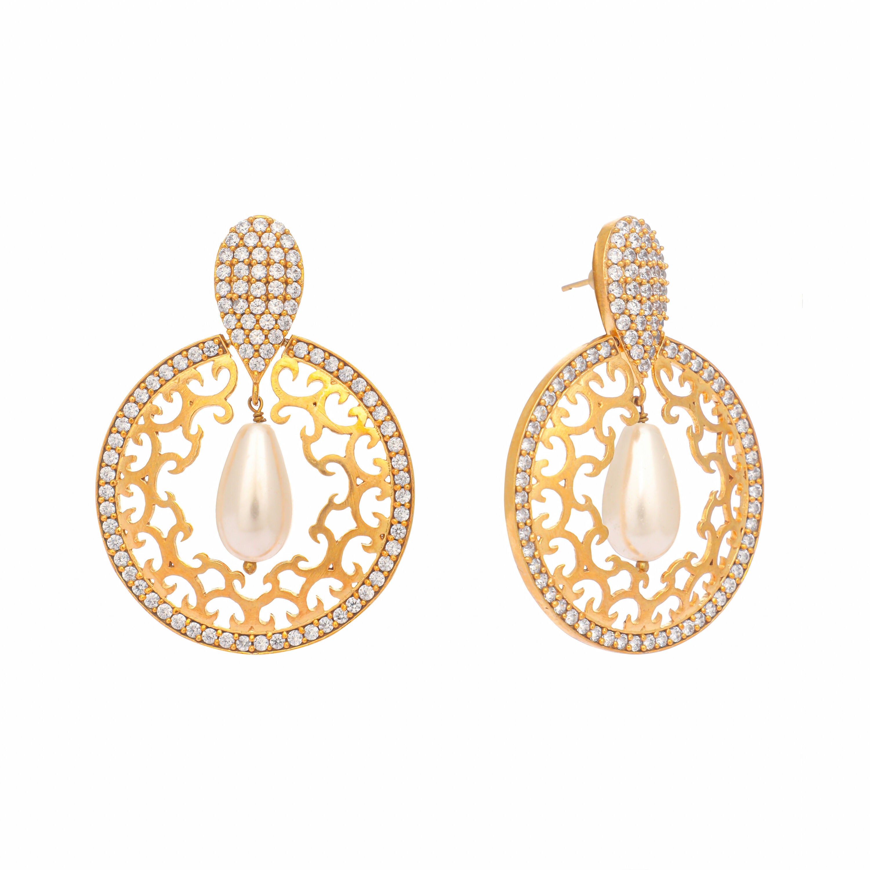 Nuyug 22K Gold Plated Cubic Zirconia Studded Contemporary Moon Shaped Pearl Drop Chandbalis