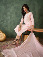 Thumbnail for The52 Baby pink Women's Gorgeous Cotton Blend Fabric Thread Work Straight Kurta, Pant and Dupatta Set - Distacart