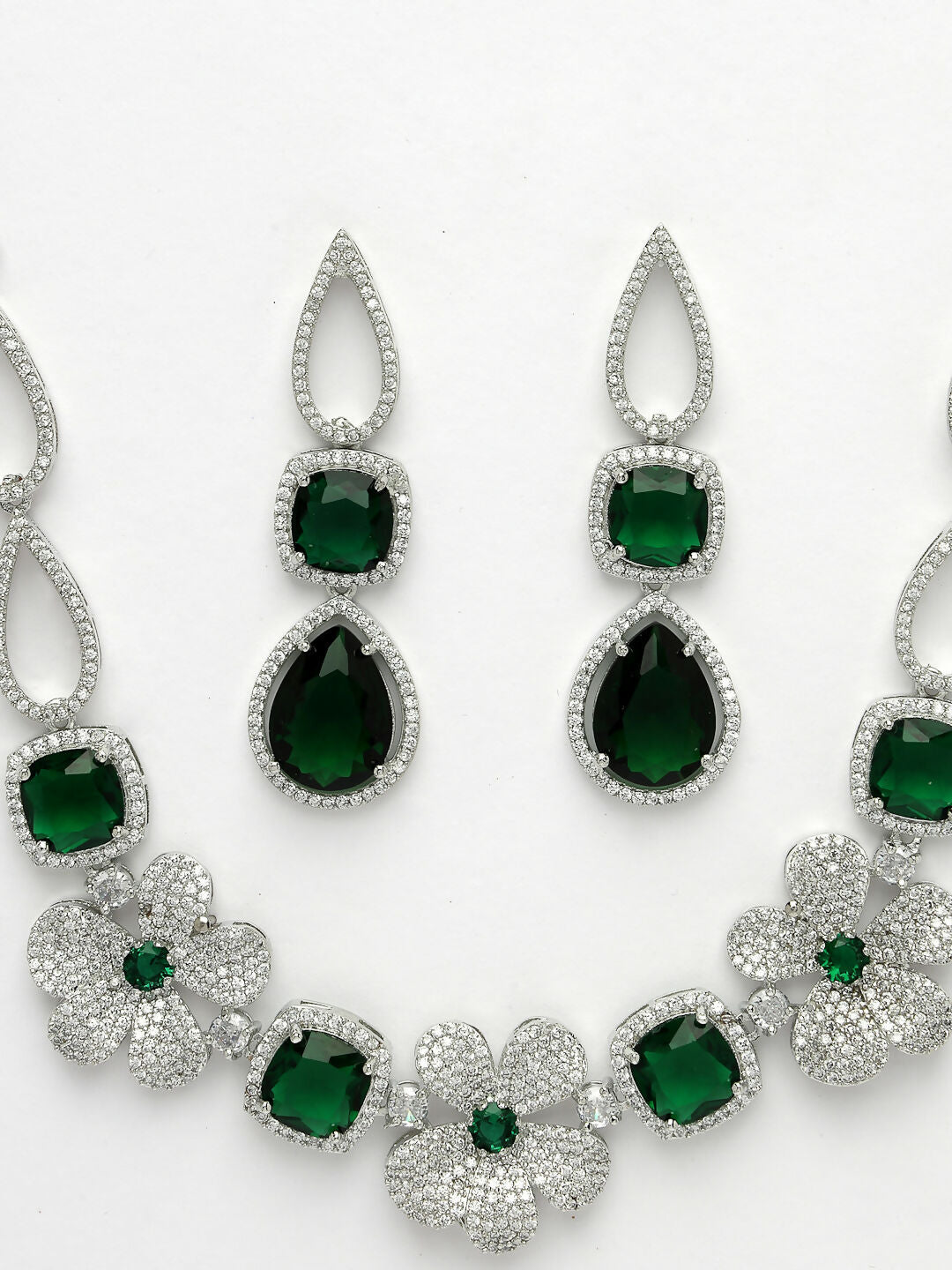 NVR Women's Green & Silver-Plated American Diamond Handcrafted Jewellery Set - Distacart