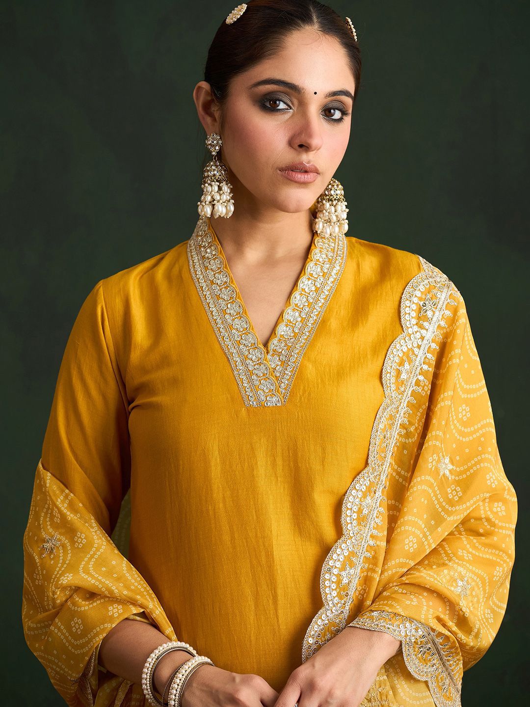 Indo Era Mustard Yellow Floral Embroidered V-Neck Straight Kurta with Trousers & Dupatta - Distacart