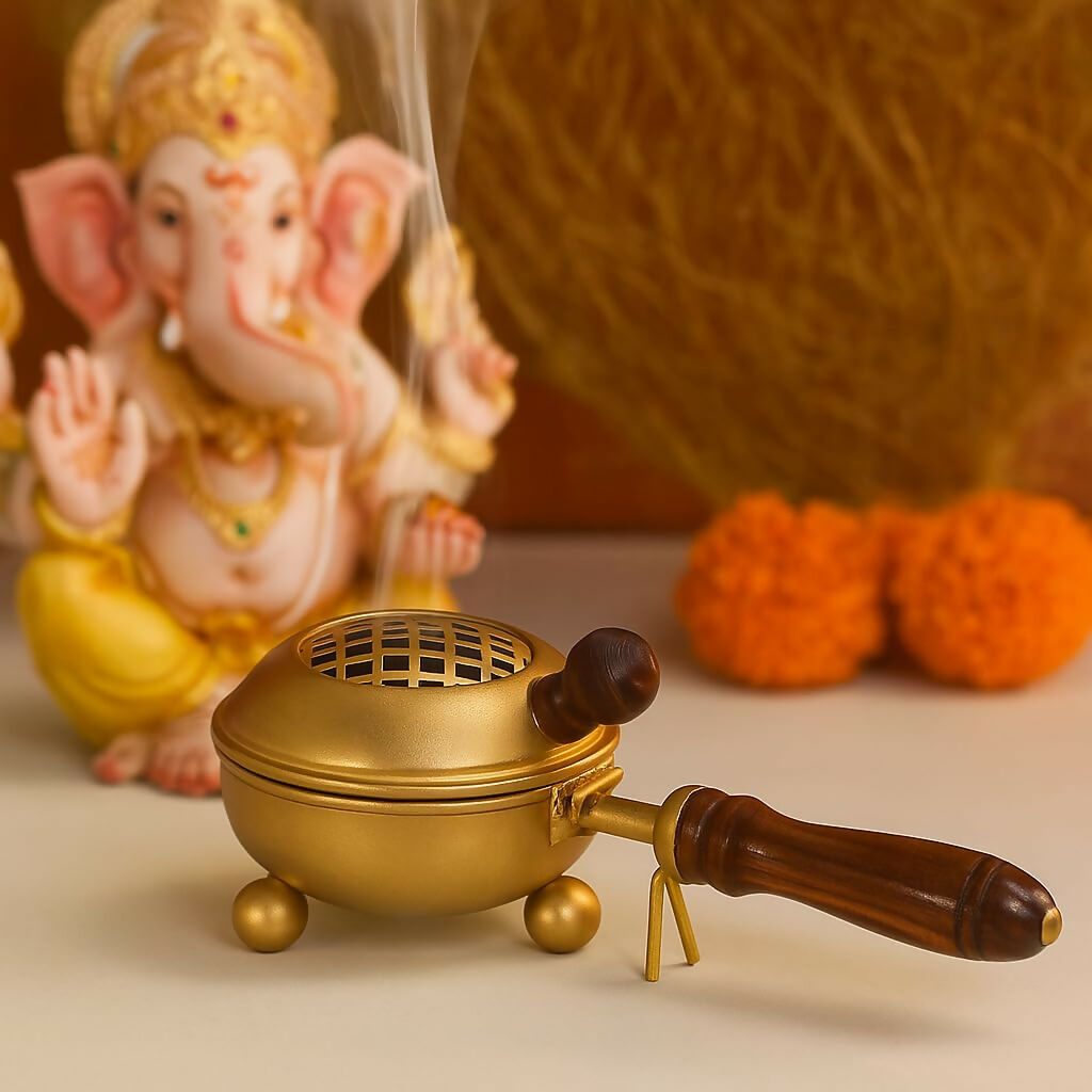 Not Available Handcrafted Metal Dhoop Dani Incense Burner - Golden Color - Dista