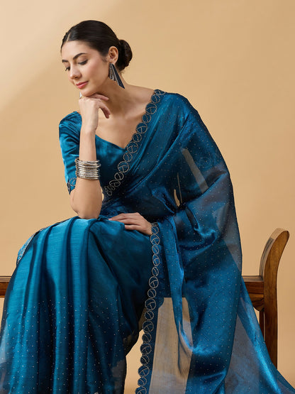 Teal Organza Swaroski Diamond Work Saree with Unstitched Blouse - Radha - Distacart