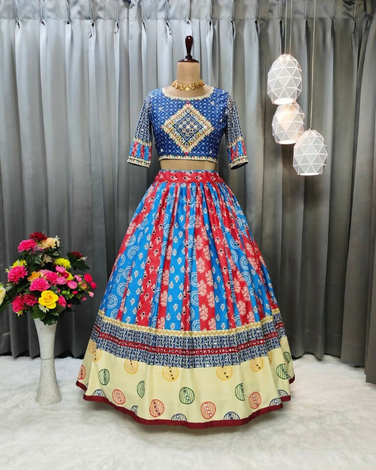 Preksha Creation Indian Festive Butter Soft Silk With Digital Print And Real Mirror Work Women Lehenga Choli - Blue - Distacart