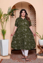 Thumbnail for Miravan Womens Plus Size Pure Cotton Floral Printed Green Button Down A-Line Midi Dress - Distacart