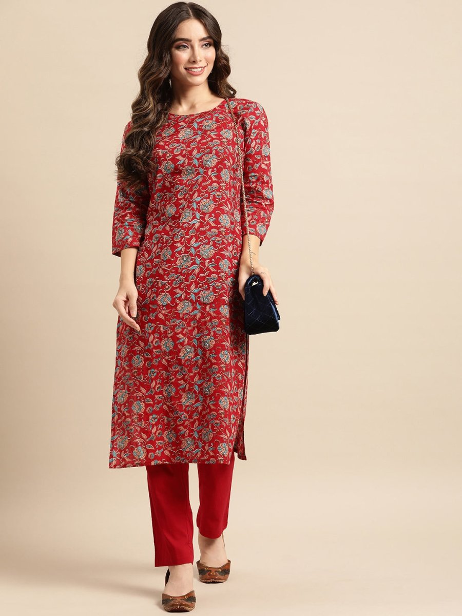 All About You Women Red Floral Printed Pure Cotton Kurta with Trousers - Distacart