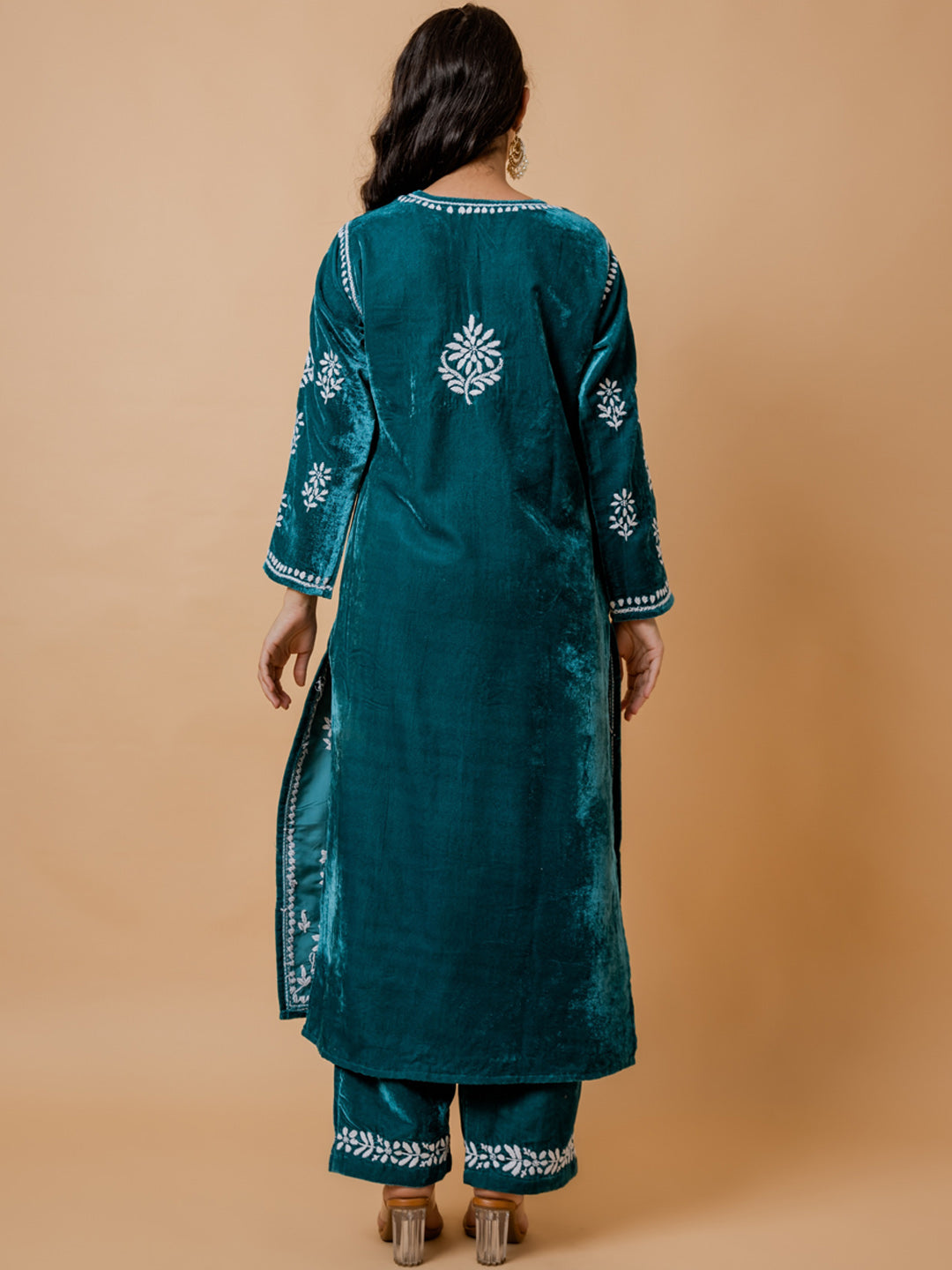 HOUSE OF KARI Ethnic Motifs Embroidered Chikankari Velvet Kurta With Trousers - Distacart