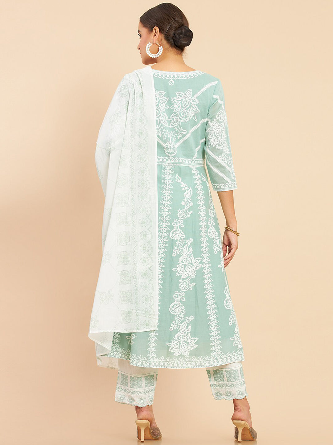 Soch Women Green Floral Embroidered Empire Thread Work Pure Cotton Kurta with Trousers & With Dupatta - Distacart