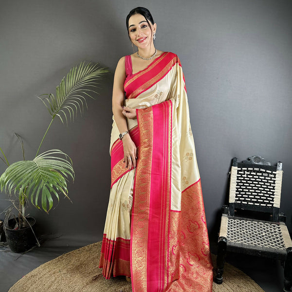Joban Fashion Cream Banarasi Soft Silk Woven Saree