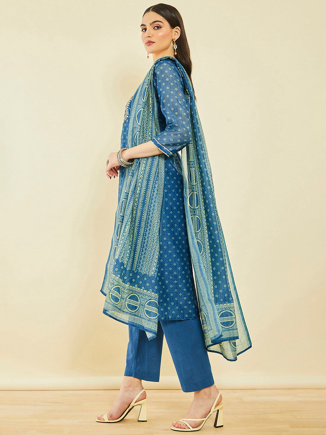Soch Bandhani Printed Regular Gotta Patti Kurta with Trousers & Dupatta - Distacart