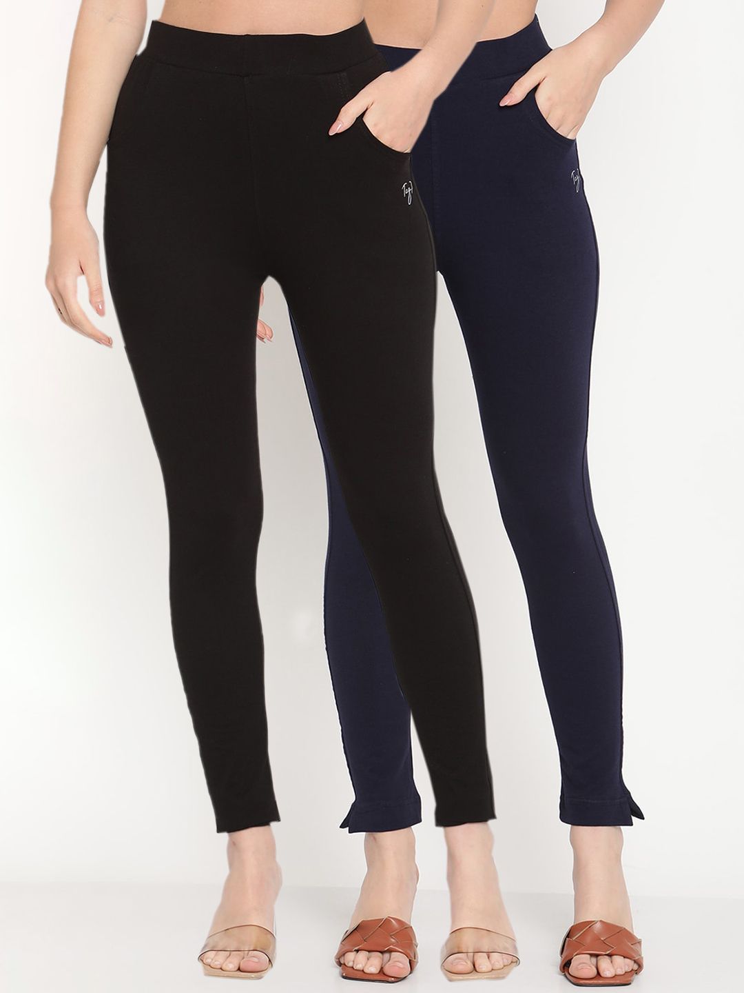 TAG 7 Women Pack of 2 Black & Navy Blue Solid Kurti Pants - Distacart