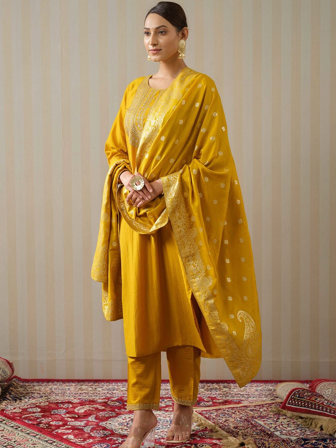 Ode by House of Pataudi Yellow Ethnic Motifs Straight Kurta & Trousers With Dupatta