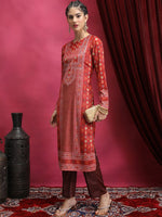 Thumbnail for Vishudh Red Ethnic Motifs Printed Neck Straight Kurta