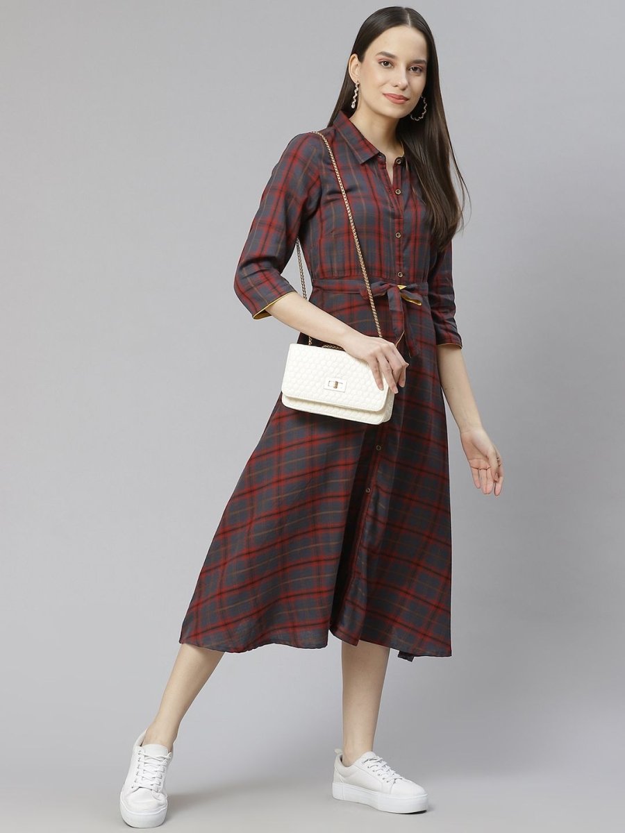 AURELIA Navy Blue & Maroon Checked Shirt Cotton Dress with Belt - Distacart