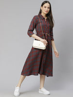 Thumbnail for AURELIA Navy Blue & Maroon Checked Shirt Cotton Dress with Belt - Distacart