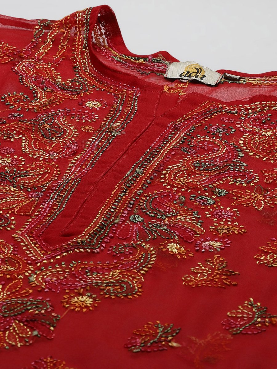 ADA Women Red Embroidered Regular Chikankari Kurta with Trousers - Distacart