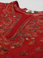 Thumbnail for ADA Women Red Embroidered Regular Chikankari Kurta with Trousers - Distacart