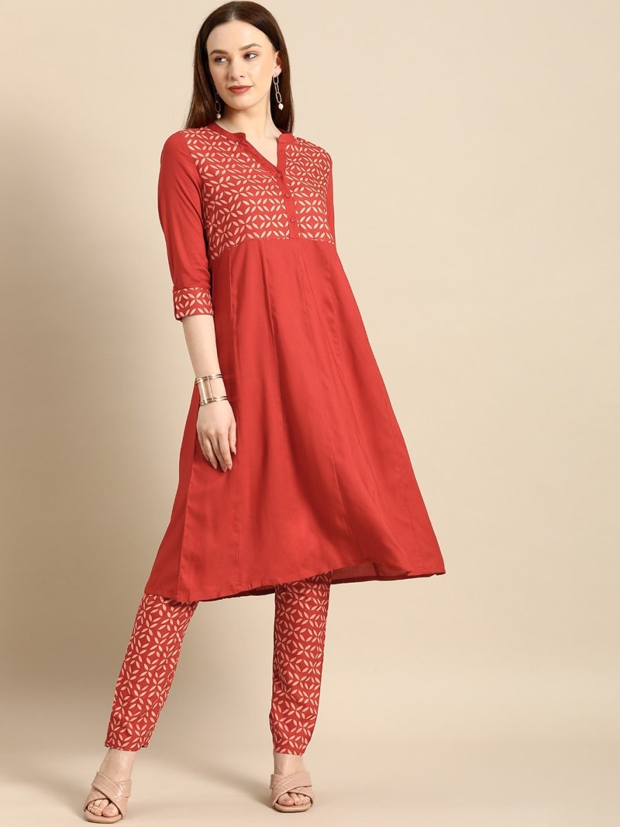 All About You Women Red & Cream Printed Kurta with Trousers - Distacart