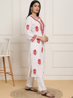 Thumbnail for HOUSE OF KARI Women Floral Embroidered Regular Chikankari Pure Cotton Kurta with Trousers - Distacart