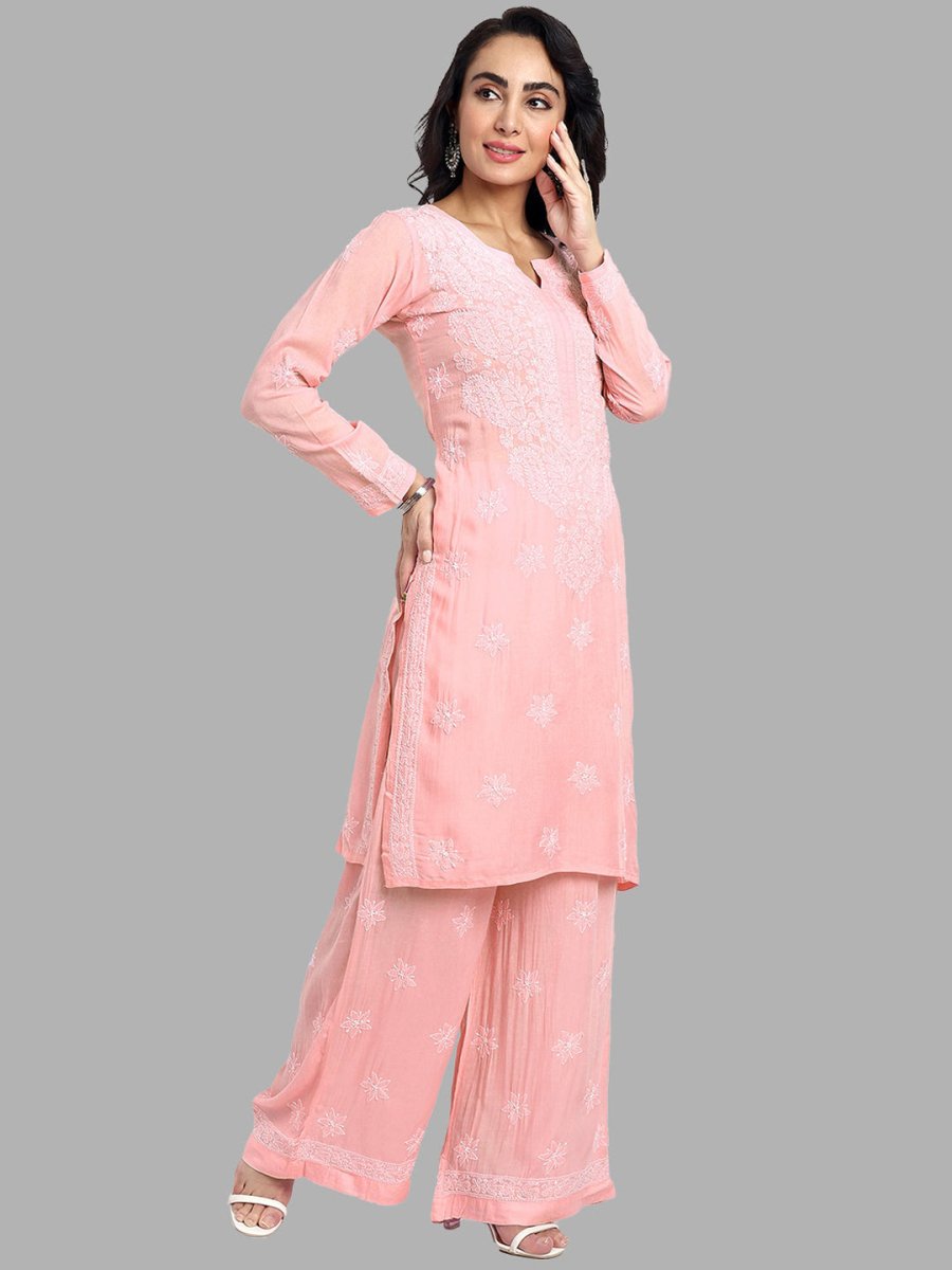 ADA Floral Embroidered Long Sleeves Regular Lucknowi Chikankari Kurta With Palazzos - Distacart