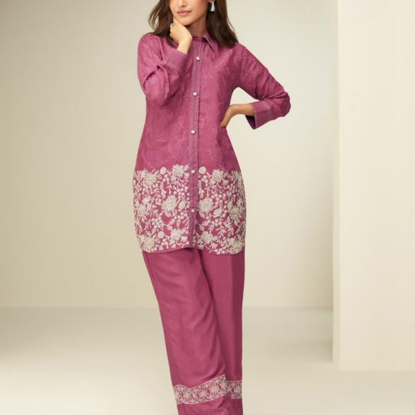 Anaita Magenta Chinon Silk Readymade Co-ords Set with Embroidery Work - Distacart