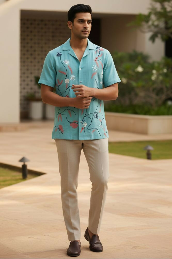 Serene — Aqua Embroidered Linen Shirt by Hilo Design - Dista