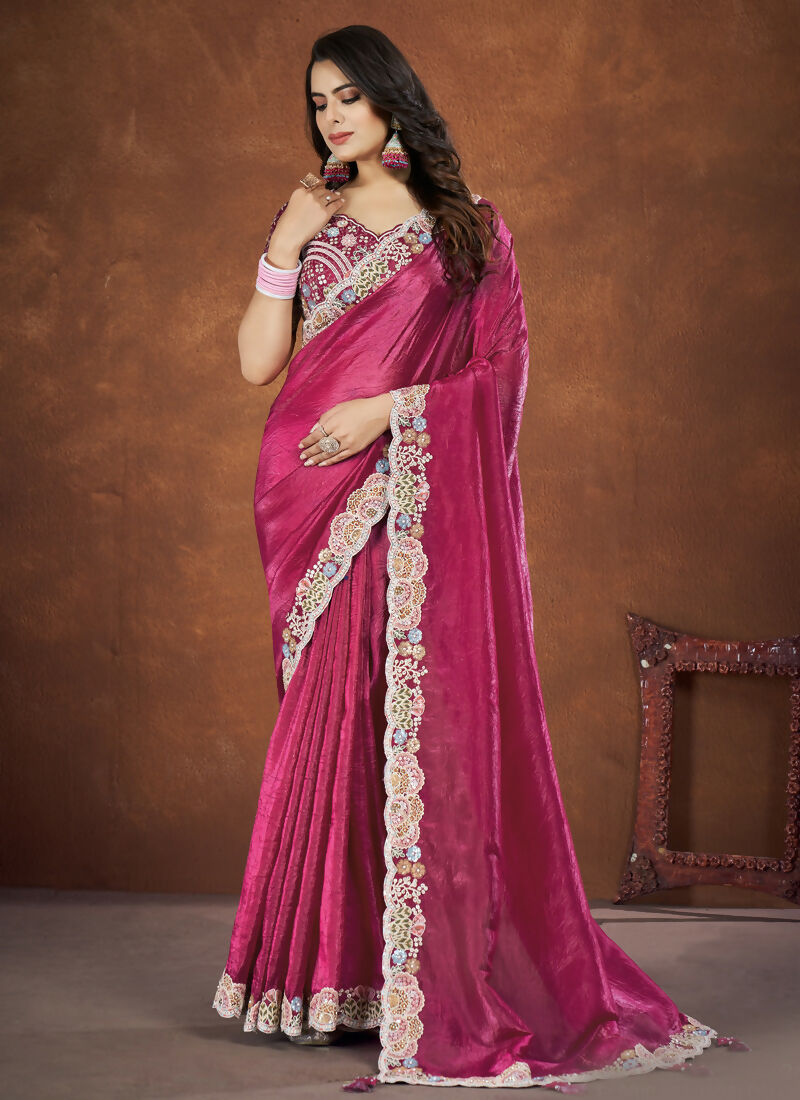 Pink Banarsi Crush Silk Embroidered Saree with stitched Blouse - Mohmanthan Saha Saki - Distacart