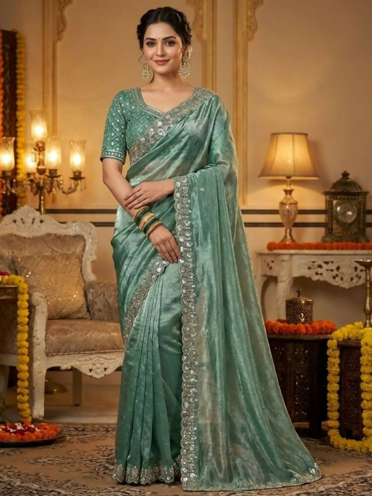 Joban Fashion Green Fandy Satin Silk Party Wear Sarees - Distacart