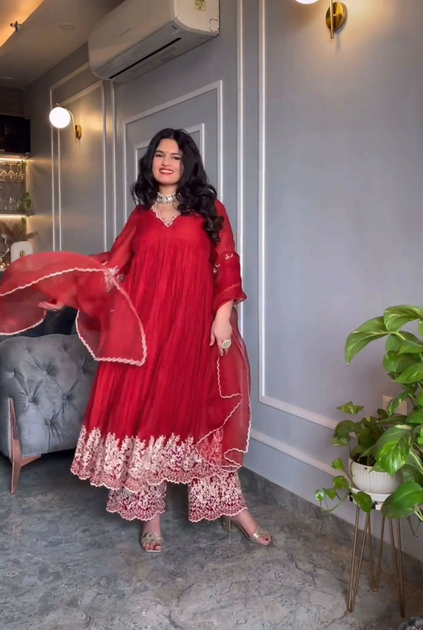 Preksha Creation Indian Women Red Alia Cut Gown Pure Chinon Silk & Crush With Embroidery Work With Fancy Full Sleeves With Palazzo and Dupatta - Distacart