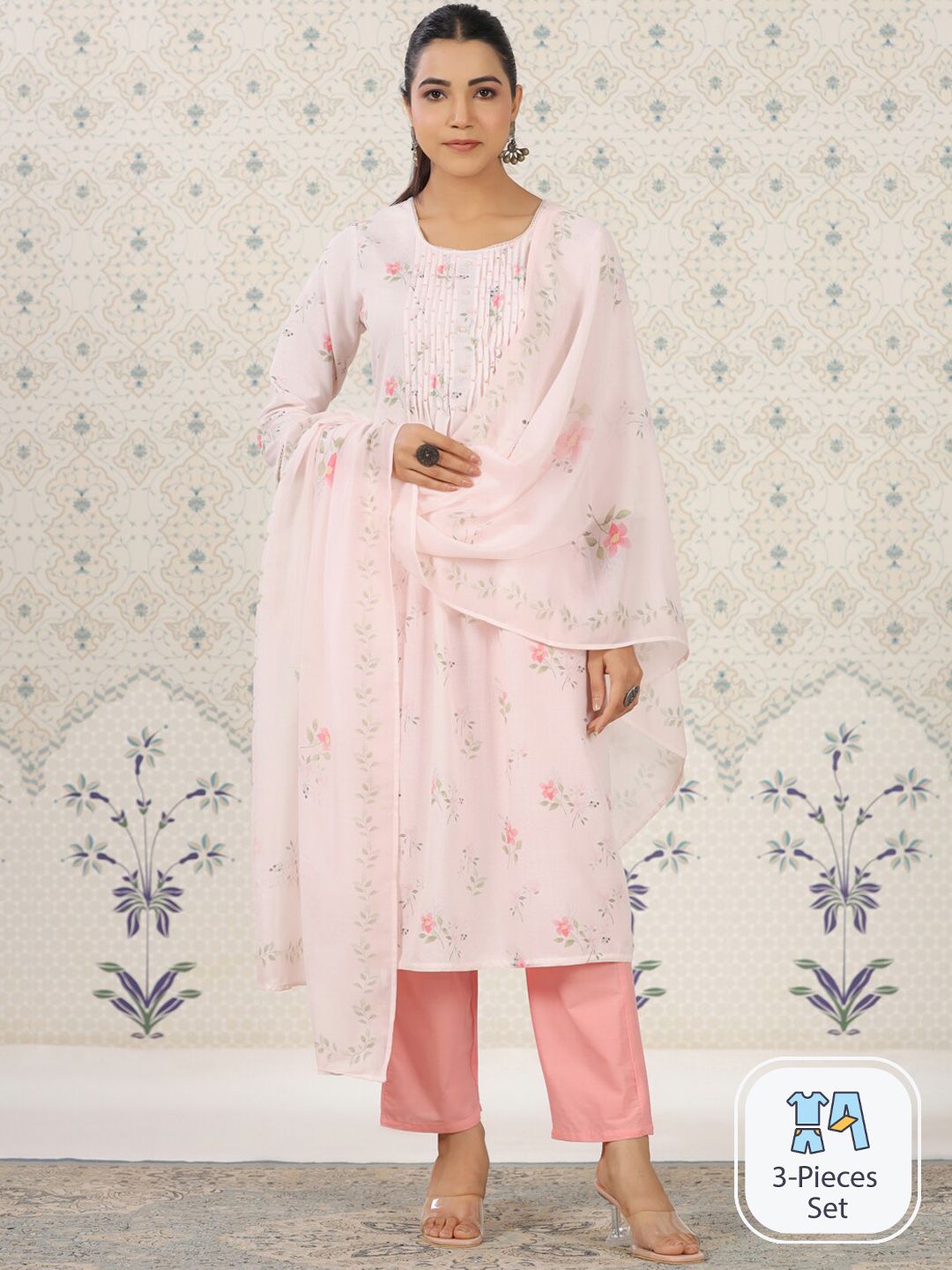 Ode by House of Pataudi Floral Printed Pleated Kurta & Trousers With Dupatta - Distacart