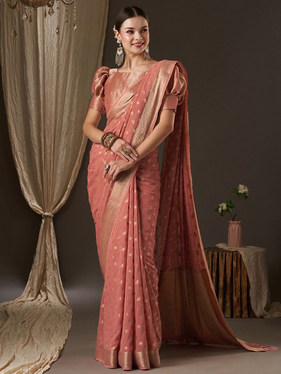 Anouk Peach-Coloured & Gold-Toned Woven Design Zari Pure Georgette Kanjeevaram Saree - Distacart