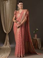 Thumbnail for Anouk Peach-Coloured & Gold-Toned Woven Design Zari Pure Georgette Kanjeevaram Saree - Distacart