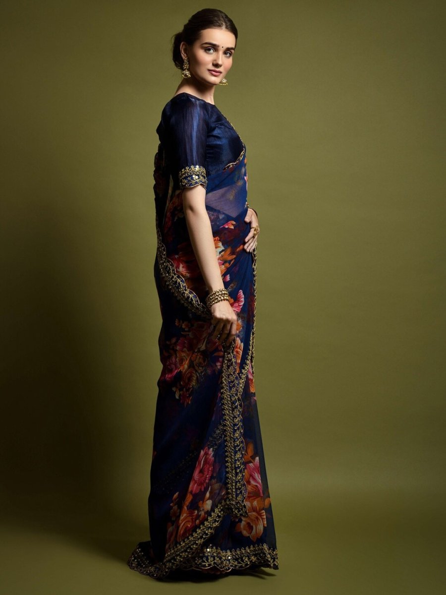 Anouk Navy Blue & Pink Floral Printed Embroidered Saree - Distacart
