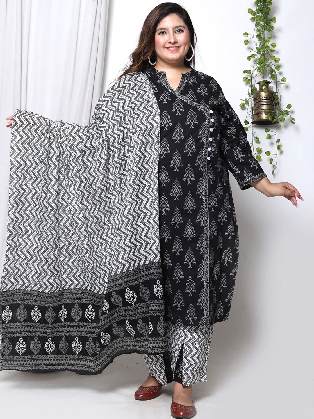 Swasti Plus Size Ethnic Motifs Printed Cotton Angrakha Kurta With Trousers & Dupatta - Distacart
