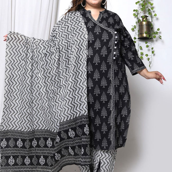 Swasti Plus Size Ethnic Motifs Printed Cotton Angrakha Kurta With Trousers & Dupatta - Distacart