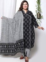 Thumbnail for Swasti Plus Size Ethnic Motifs Printed Cotton Angrakha Kurta With Trousers & Dupatta
