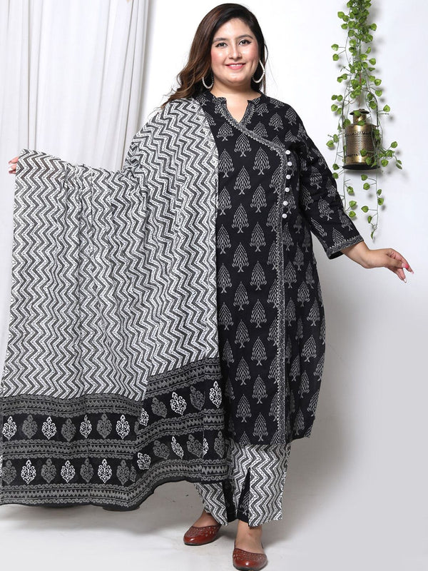 Swasti Plus Size Ethnic Motifs Printed Cotton Angrakha Kurta With Trousers & Dupatta