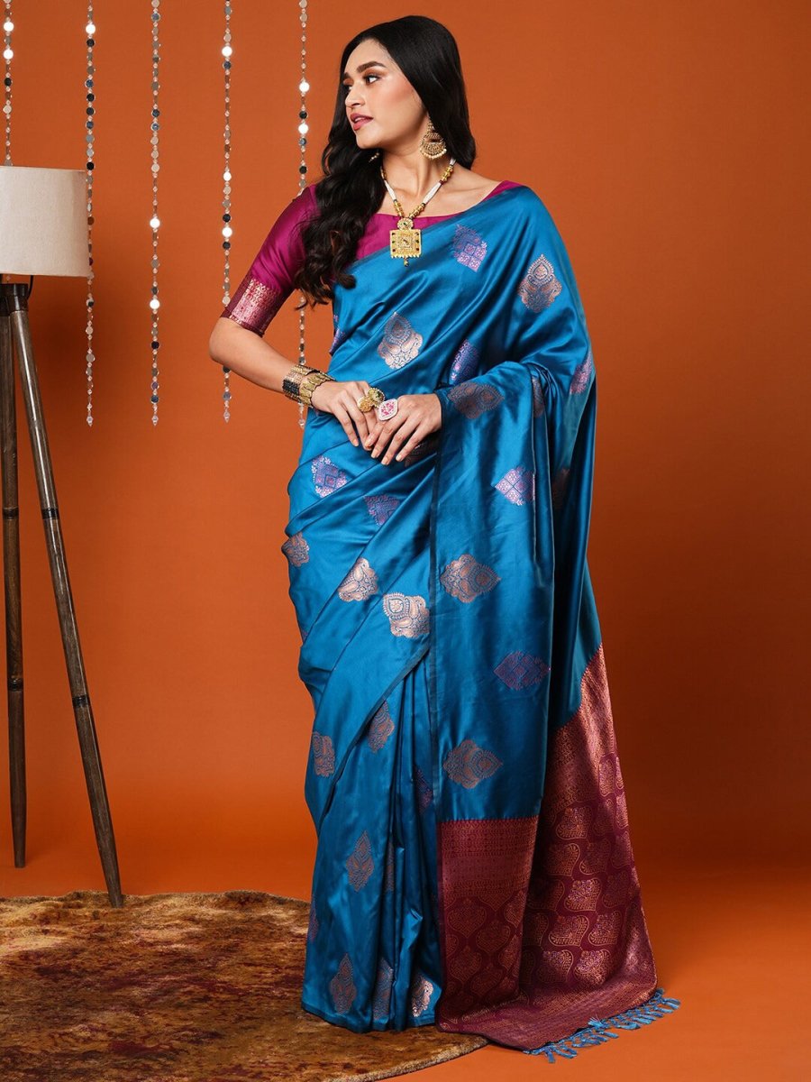Anouk Blue & Gold-Toned Ethnic Motifs Woven Design Banarasi Saree - Distacart