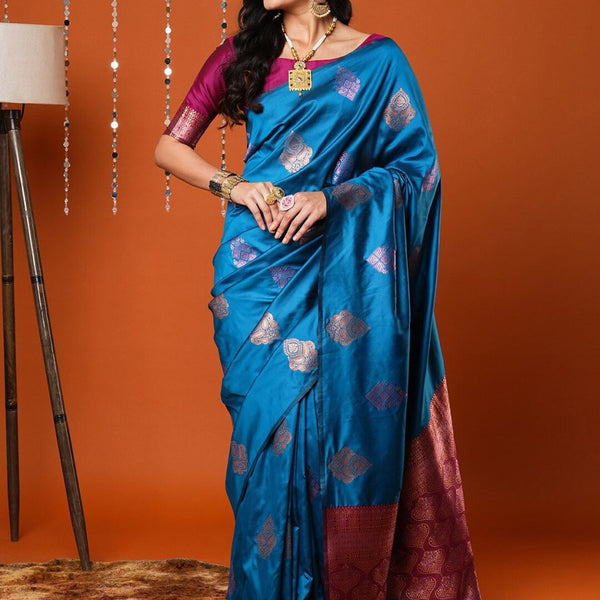 Anouk Blue & Gold-Toned Ethnic Motifs Woven Design Banarasi Saree - Distacart