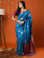 Thumbnail for Anouk Blue & Gold-Toned Ethnic Motifs Woven Design Banarasi Saree - Distacart