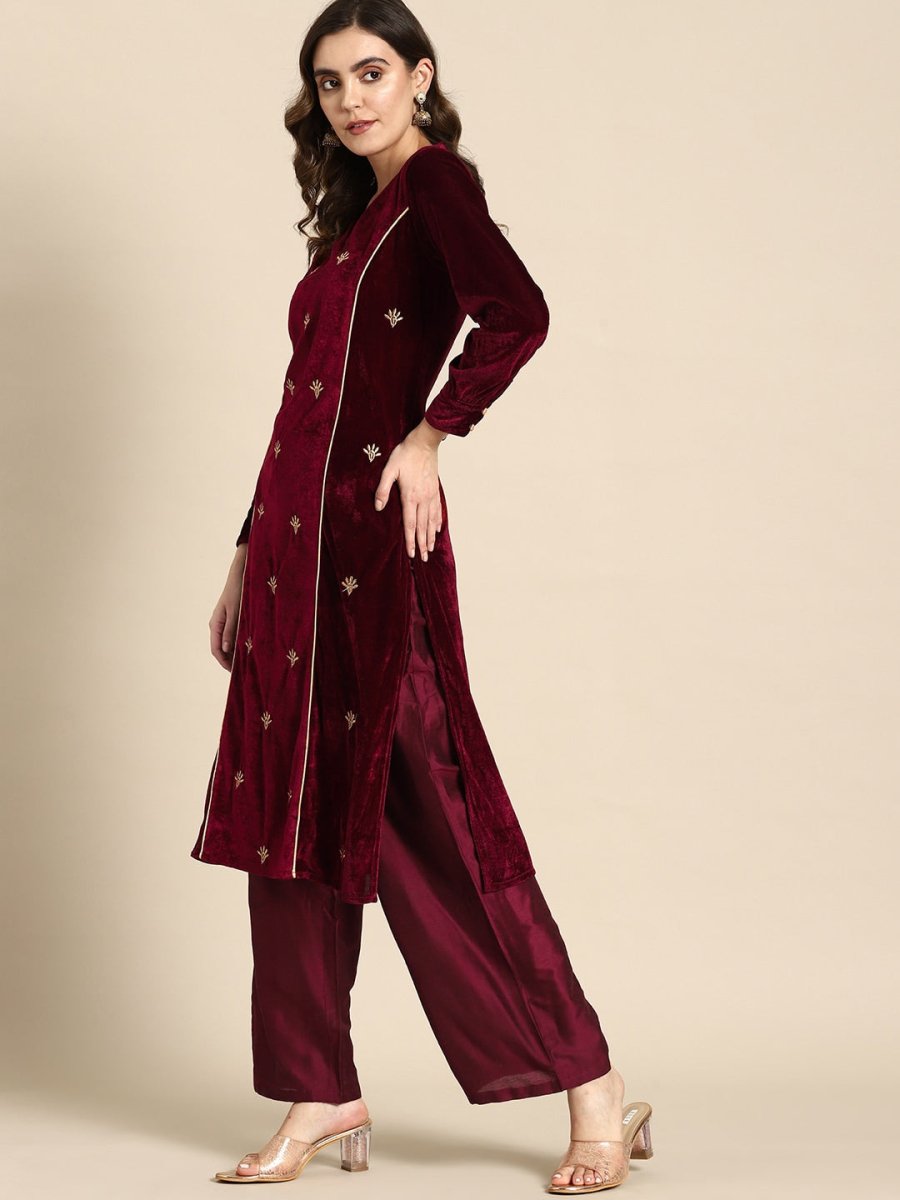 All About You Women Velvet Finish Woven Design Regular Kurta with Palazzos & Dupatta - Distacart