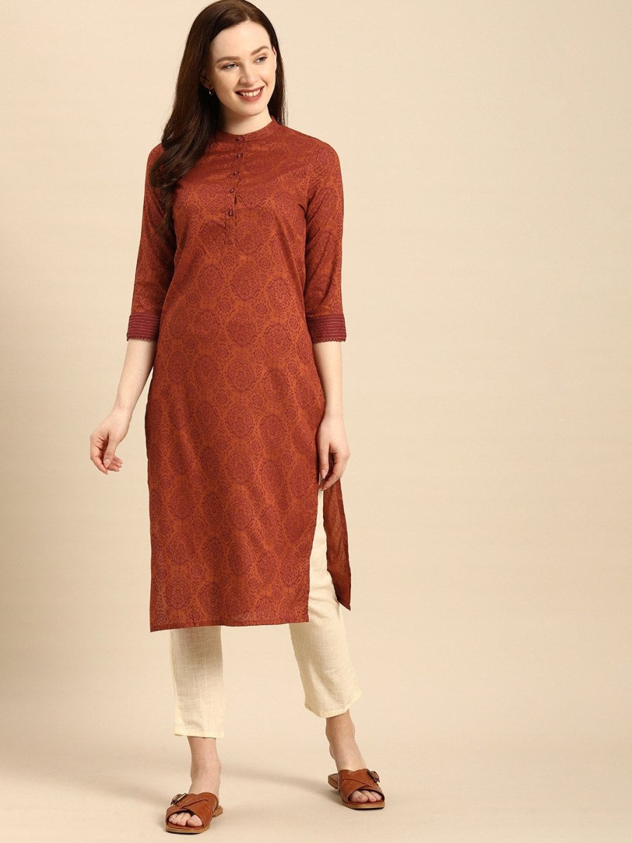 All About You Women Rust Brown Ethnic Motifs Printed Straight Kurta - Distacart