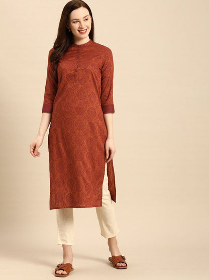 All About You Women Rust Brown Ethnic Motifs Printed Straight Kurta - Distacart