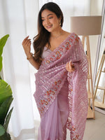 Thumbnail for Anouk Mauve-Coloured Ethnic Motifs Embroidered Sequinned Organza Saree - Distacart