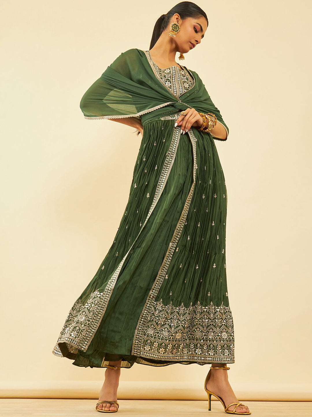 Soch Ethnic Motifs Embroidered Pleated Front Slit Sequinned Kurta with Palazzos & Dupatta - Distacart