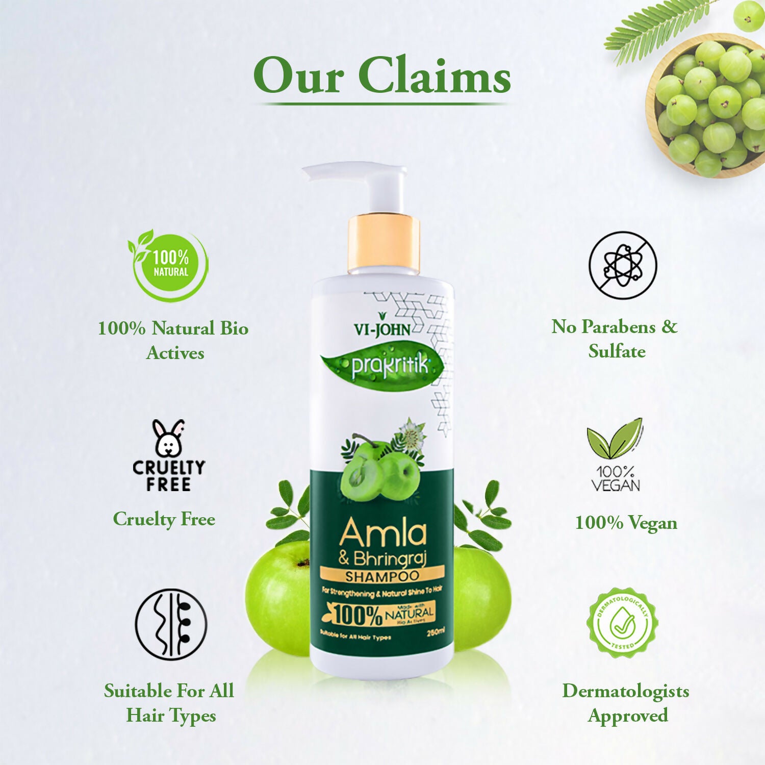 VI-JOHN Prakritik Amla & Bhringraj Shampoo For Strengthening, Made With 100% Natural Bio Actives