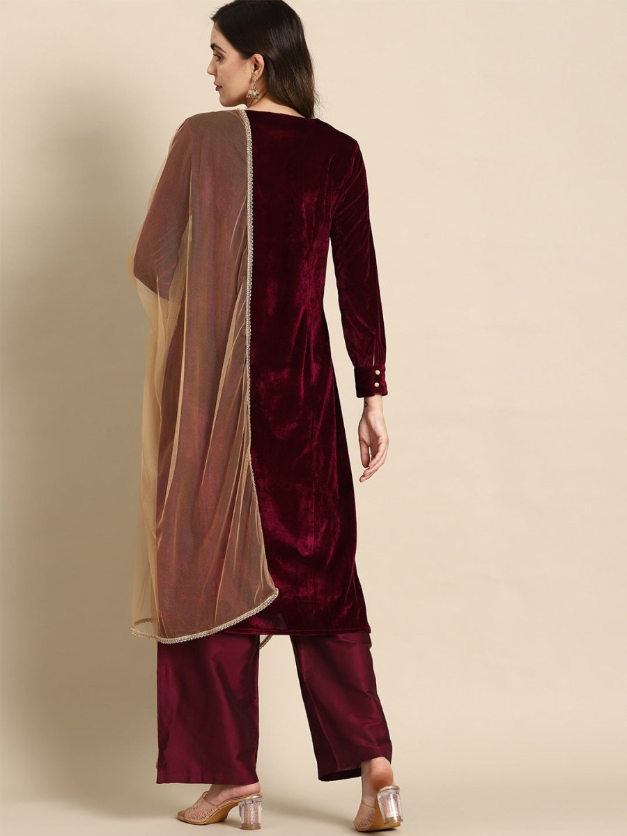 All About You Women Velvet Finish Woven Design Regular Kurta with Palazzos & Dupatta - Distacart