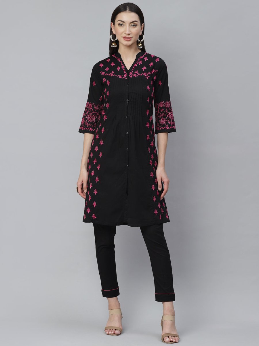 ADA Women Black & Pink Chikankari Hand Embroidered Sustainable Handloom Kurta with Trousers - Distacart