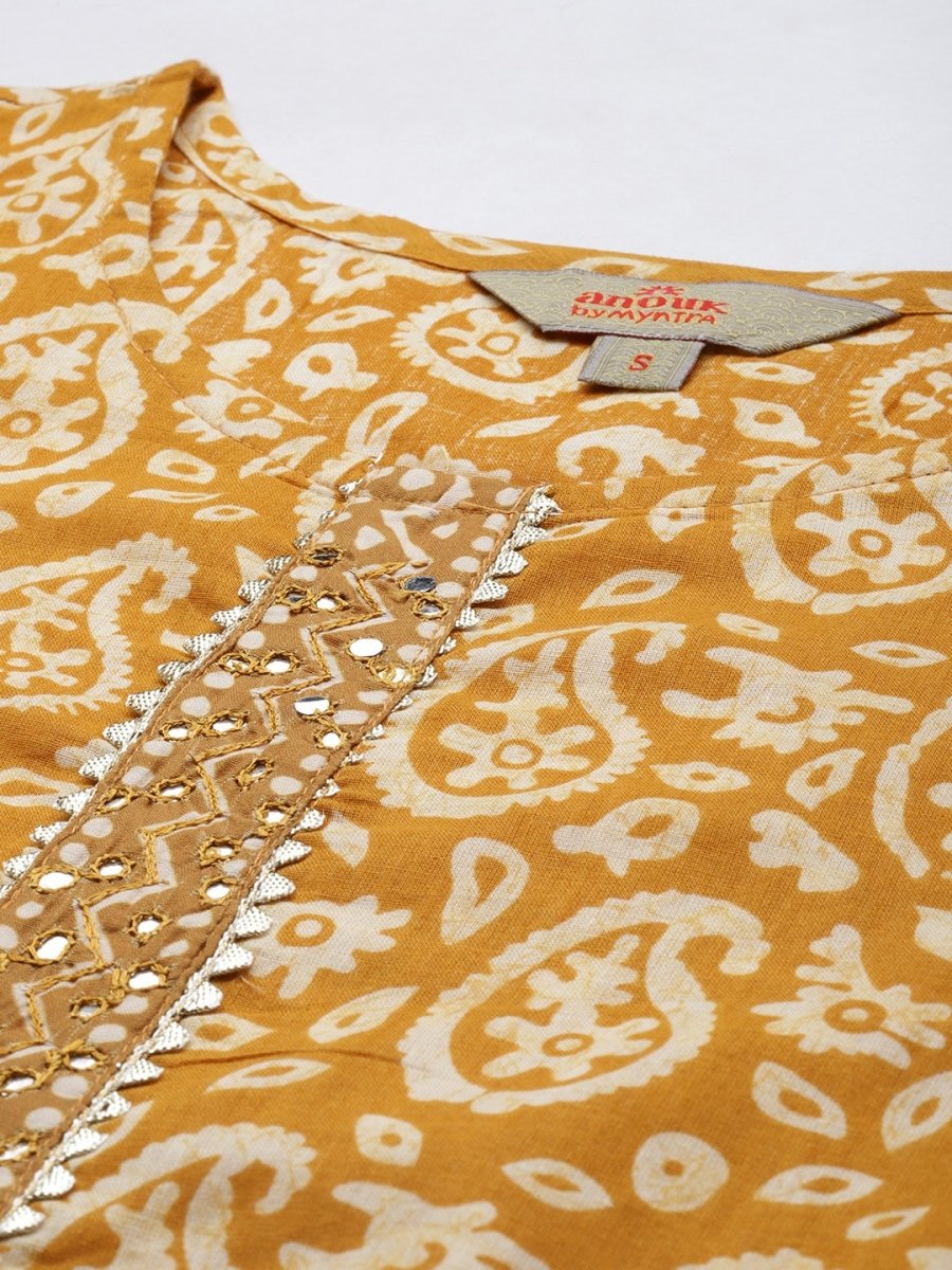 Anouk Mustard Yellow & Off White Paisley Mirror Cotton Straight Kurta Trousers Dupatta - Distacart